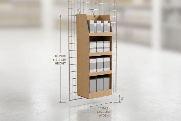Brown corrugated sidekick display on a wire grid, 48 Inch (1219 MM) Height, 14 Inch (355 MM) Width, 3 Inch depth, holding grey product boxes.