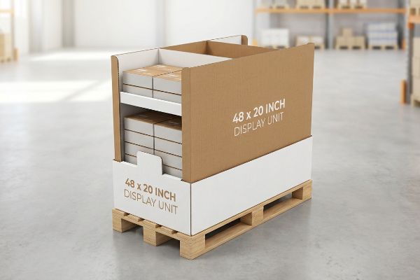 Positioned in a warehouse, a 48 x 20 Inch Display Unit, a cardboard half-pallet display, holds stacked boxes on a wooden pallet.