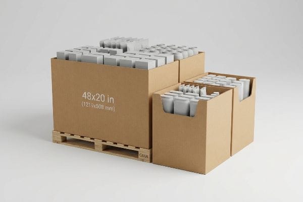 Brown corrugated cardboard boxes, one 48x20 in (1219x508 mm) on a Gma wooden pallet, filled with white product packaging.