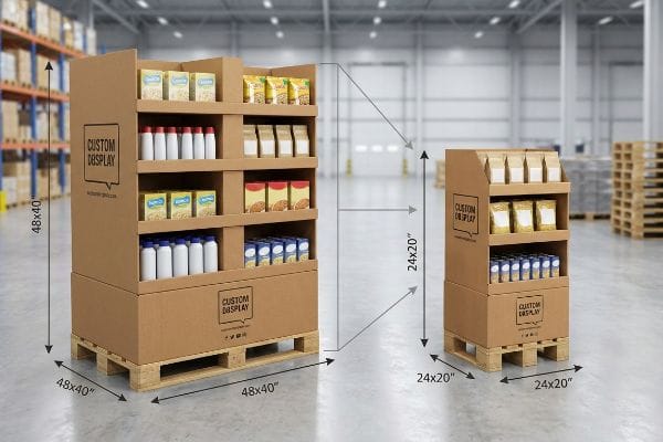 Présentoirs de sol en carton ondulé, un grand présentoir de palette complète de 48 x 40 pouces et un plus petit présentoir de quart de palette de 24 x 20 pouces, tous deux de marque « Custom Display » et approvisionnés en divers produits de consommation emballés dans un environnement d'entrepôt.
