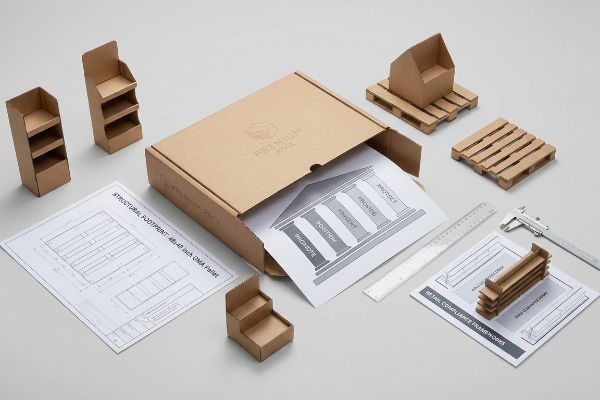 Brown cardboard packaging prototypes: 5 P's of packaging diagram, 48x40 Inch GMA Pallet structural footprint, retail displays, and pallets.