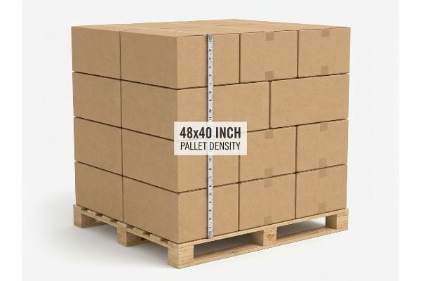 Brown cardboard boxes stacked on a wooden pallet, illustrating 48x40 Inch Pallet Density with a visible ruler.