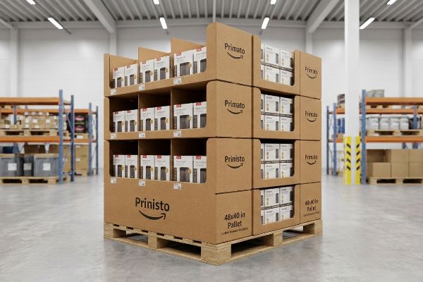 A large Prinisto and Primato branded 48x40 In Pallet display, filled with numerous product boxes, stands on a wooden pallet in a brightly lit warehouse.