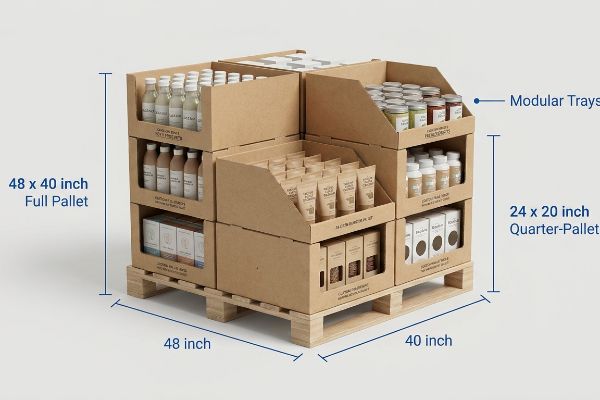 Kraft board 48x40 inch full pallet display, featuring modular trays and 24x20 inch quarter-pallet sections.