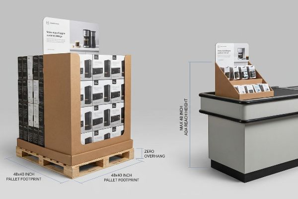 Brown corrugated cardboard pallet display on a 48x40 inch pallet with zero overhang, next to a countertop POS display adhering to Max 48 Inch Ada Reach Height.