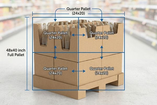48x40 inch Full Pallet composed of four 24x20 inch Quarter Pallets, with beverage bottles in the top two retail displays.
