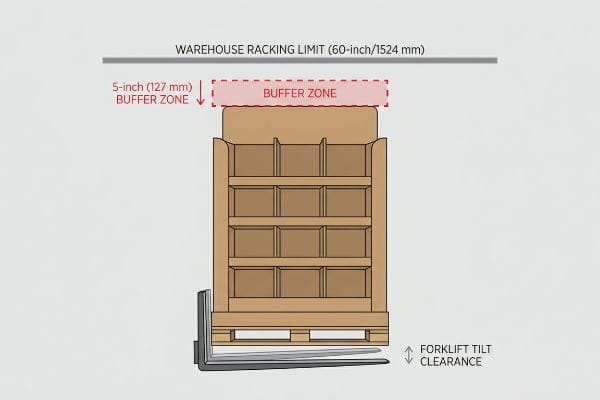 A diagram illustrates a pallet display with a 5-inch (127 mm) Buffer Zone beneath the 60-inch (1524 mm) Warehouse Racking Limit, highlighting Forklift Tilt Clearance.
