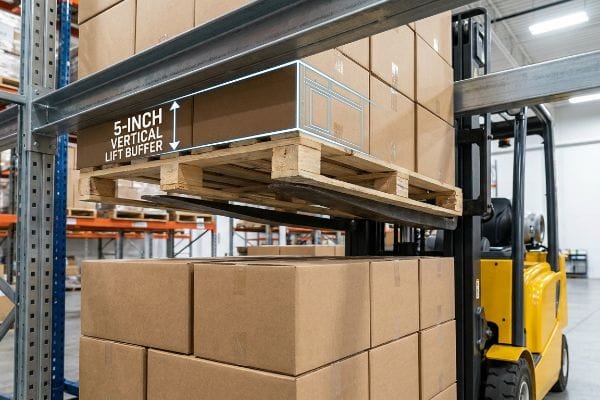 Brown cardboard boxes on a wooden pallet are lifted by a yellow forklift into steel racking, showing a 5-Inch Vertical Lift Buffer.