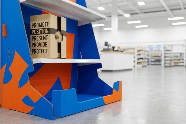 Corrugated display stand, blue and orange, features a cardboard box labeled 'Promote, Position, Present, Provide, Protect' in a retail store aisle.