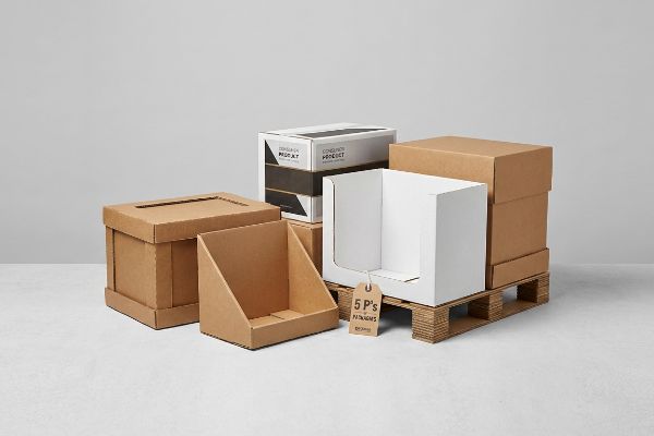 Embalagens e displays de papelão ondulado para o varejo, incluindo uma unidade branca em um palete com uma etiqueta "5 Ps da Embalagem".