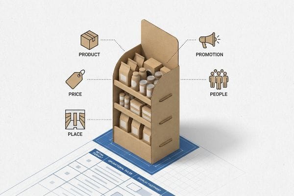 Brown corrugated cardboard retail display showcasing products, visually linked to the 5 P's of Retail: Product, Price, Place, Promotion, and People, on a blueprint.