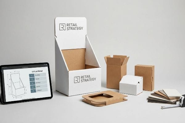 Boîte de présentation en carton ondulé avec la marque « Stratégie de vente au détail », emballage en carton diversifié et une tablette affichant les « 5 P du commerce de détail ».