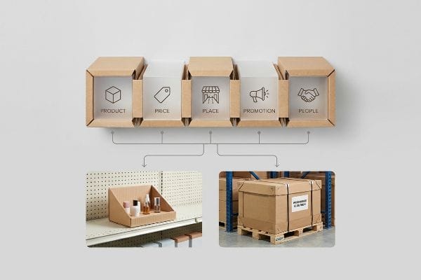 Cardboard boxes illustrate the 5 P's of Retail: Product, Price, Place, Promotion, People, linked to a cosmetic display and warehouse pallet.