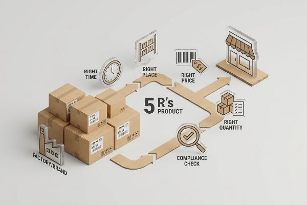 Cardboard boxes and icons illustrate the 5 R's Product framework: Right Time, Right Place, Right Price, Right Quantity, and Compliance Check, from Factory/Brand.