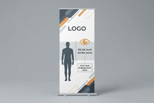 A pull-up banner illustrates the 50-54 Inch Strike Zone and Eye-Level Engagement Zone for optimal shopper view.
