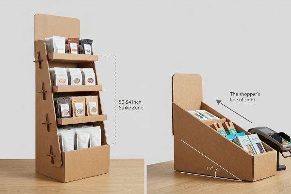 Brown corrugated cardboard floor merchandiser showing 50-54 inch Strike Zone, alongside an angled 15-degree POS display with shopper's line of sight.