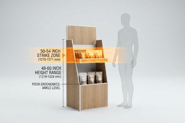 Wooden retail display with human silhouette, showing 50-54 Inch Strike Zone (1270-1371 mm) and Poor Ergonomics: Ankle Level.