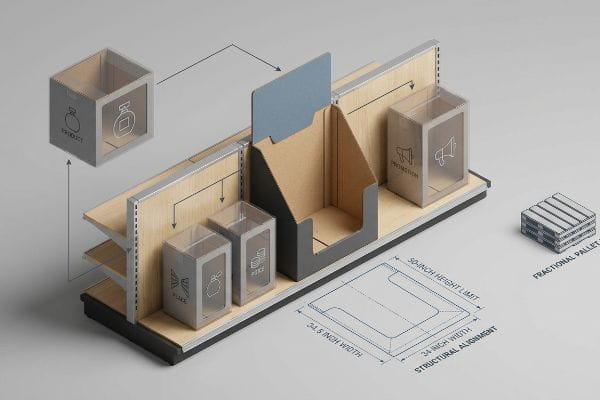 Visual Merchandising 4 P's Gondola shelf with Product, Price, Place, Promotion clear boxes, cardboard display, blueprint detailing 50-Inch Height Limit, 34.5-Inch Width, and Fractional Pallet.