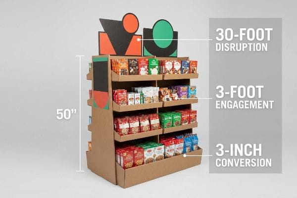 Cardboard retail display with die-cut header, 50-inch height, illustrating 30-Foot Disruption, 3-Foot Engagement, and 3-Inch Conversion for seasonal products.