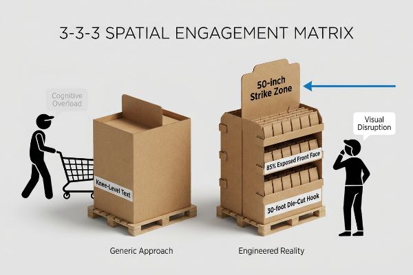 Cardboard retail displays illustrating the 3-3-3 Spatial Engagement Matrix, showing a generic box with knee-level text and cognitive overload, contrasted with an engineered display featuring a 50-inch strike zone and 85% exposed front face for visual disruption.