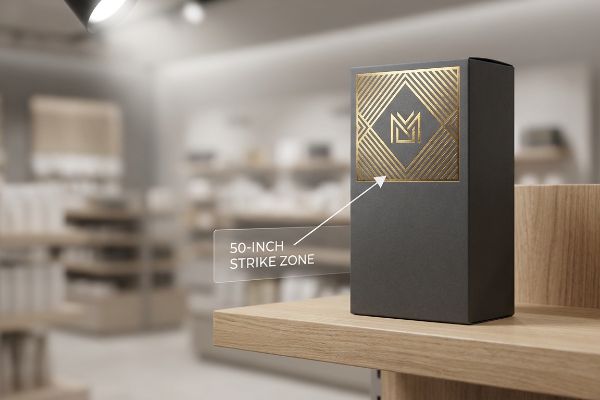 Dark gray product box with gold foil geometric logo, highlighted as the 50-Inch Strike Zone on a retail shelf.