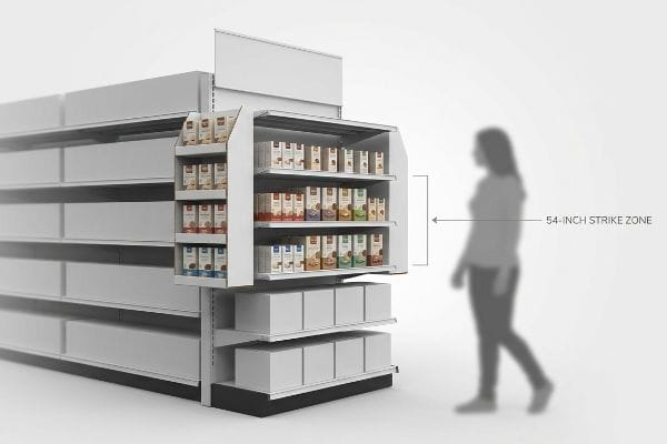 White power wing display on gondola shelving positions products in the 54-Inch Strike Zone, targeting a shopper.