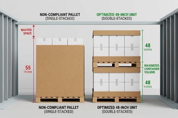 Comparison of 55-inch Non-Compliant Pallet (Single-Stacked) and Optimized 48-inch Unit (Double-Stacked) for container efficiency.
