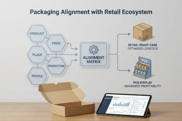 An infographic details Packaging Alignment with Retail Ecosystem, linking the 5 P's (Product, Price, Place, Promotion, People) via an Alignment Matrix to Retail-Ready Case and POS Display, next to an open cardboard box and a data-displaying tablet.