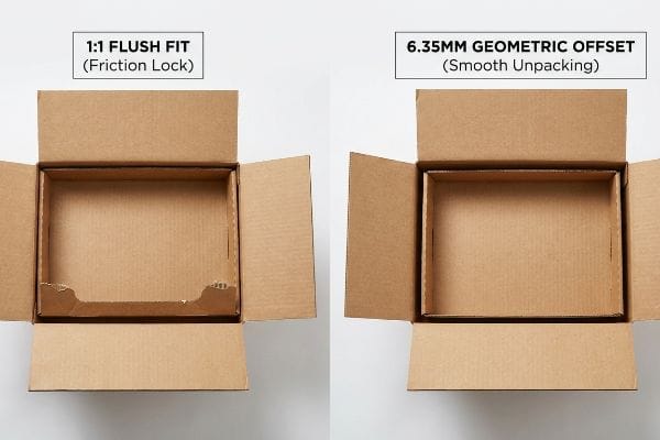 Les boîtes en carton ondulé illustrent l'ajustement affleurant 1:1, provoquant un blocage par friction et des déchirures, par opposition au décalage géométrique de 6,35 mm pour un déballage en douceur.