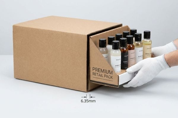 Brown corrugated box revealing a gloved hand pulling a Premium Retail Pack tray of sample bottles, showing the 6.35mm geometric offset clearance.