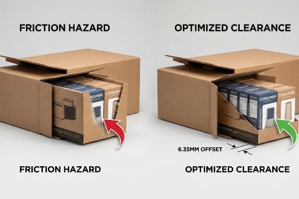 Two cardboard master cartons compare Friction Hazard with Optimized Clearance, showing a 6.35mm offset for smooth retail-ready tray removal.