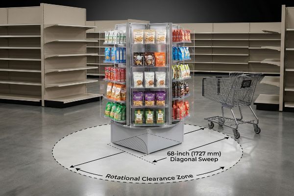 Silver rotating floor display, packed with snacks, illustrating a 68-inch (1727 mm) Diagonal Sweep within its Rotational Clearance Zone.