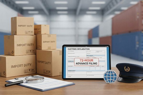 Cardboard Import Duty boxes, a tablet displaying a Customs Declaration with 72-Hour Advance Filing, and a customs officer's hat.