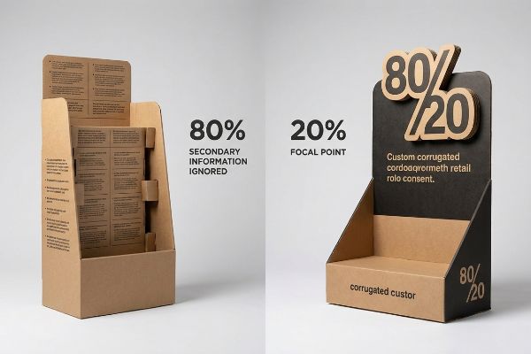 Corrugated cardboard displays illustrate the 80/20 merchandising rule, contrasting a text-heavy '80% Secondary Information Ignored' stand with a '20% Focal Point' die-cut display.