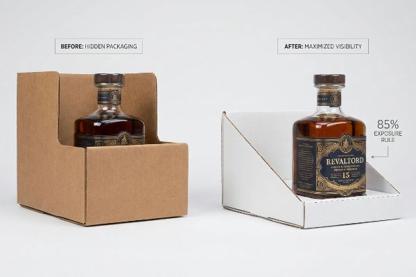 Brown cardboard tray obscuring Revaltord 15 whiskey, contrasted with a white PDQ tray demonstrating the 85% exposure rule for maximized primary packaging visibility.