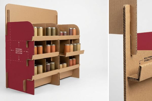 Corrugated cardboard merchandiser with a red panel showing 'Seasonal Objective Isolation' and small jars, featuring a structural retaining lip with '85% Forward Visibility'.