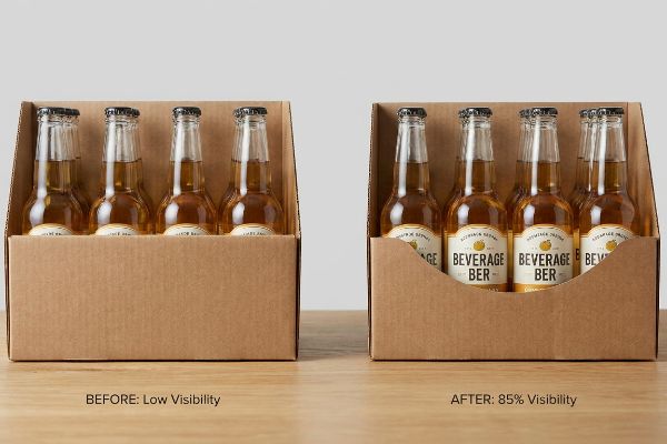Brown corrugated cardboard trays display Beverage Ber bottles, comparing Before: Low Visibility with After: 85% Visibility from a custom die-cut swoop for brand recognition.