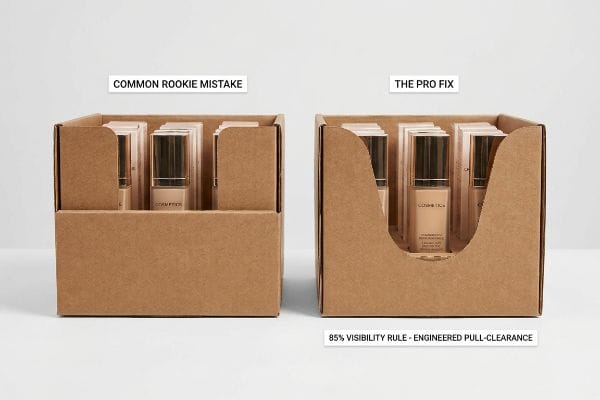化粧品ファンデーション用の茶色の段ボール製ディスプレイトレイ。「Rookie Mistake」と「Pro Fix」のハイリップを比較。85%の視認性ダイカット。.