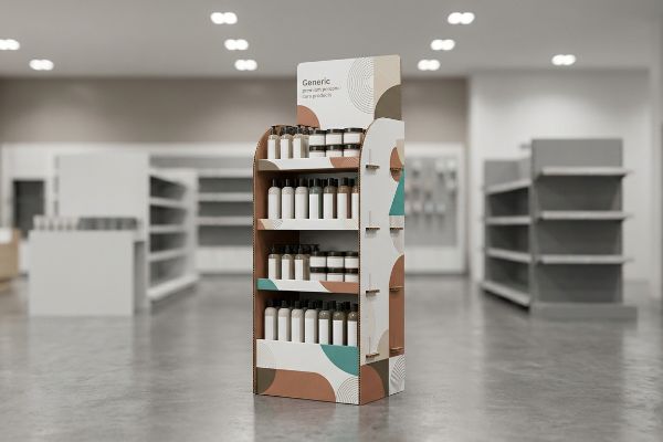 A retail store aisle features a cardboard point-of-purchase (POP) display, branded