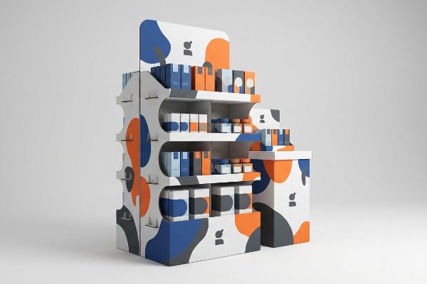 Multi-tiered corrugated POP display with blue, orange, grey abstract patterns, 'g' logo, and diverse product packaging.