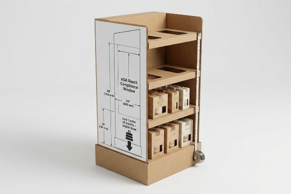 Corrugated cardboard display rack with ADA Reach Compliance Window diagram, showing 15-48 inch dimensions, low center of gravity, and products on shelves.