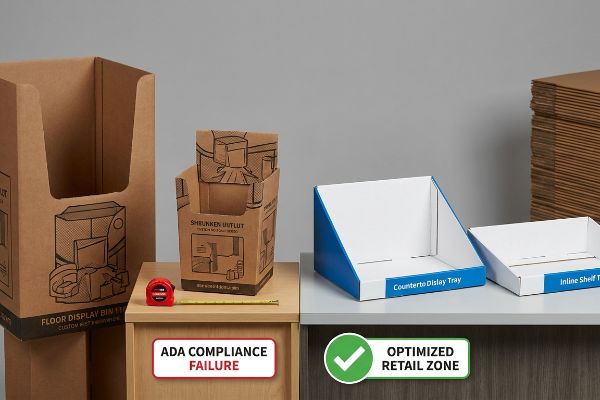 Brown cardboard 'Floor Display Bin 11' and 'Shrunken Uutlut' highlight Ada Compliance Failure, contrasting with blue 'Countertop Display Tray' and 'Inline Shelf Tray' for an Optimized Retail Zone.