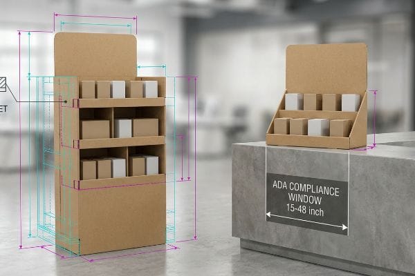 Brown cardboard POP displays: a floor unit with CAD dimensions and a countertop display on a grey counter, with an Ada Compliance Window 15-48 Inch.