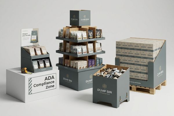Gray Dump Bin retail displays: ADA compliant countertop unit, multi-tier floor stand, dump bin, and pallet merchandiser.