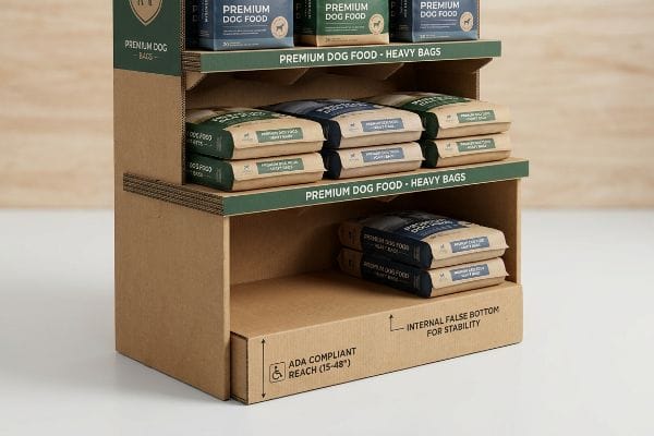 Corrugated cardboard display featuring Premium Dog Food heavy bags, with ADA Compliant Reach (15-48