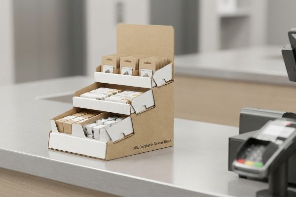 Kraft cardboard countertop POS display with three tiers of small retail products, labeled 'ADA Compliant - Forward Reach'.