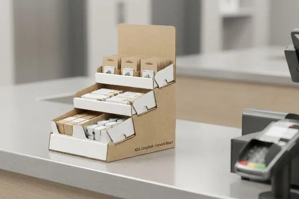 Kraft cardboard countertop POS display with three tiers of small retail products, labeled 'ADA Compliant - Forward Reach'.