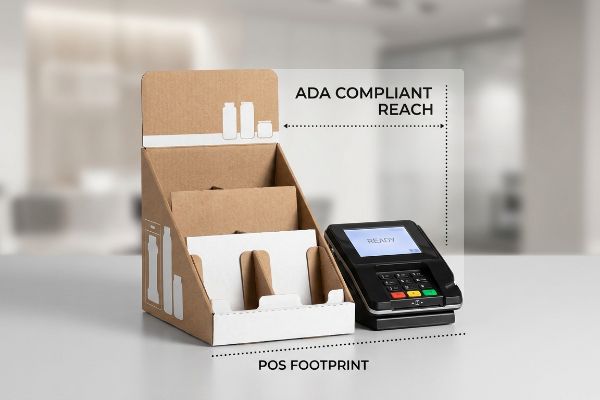 Brown corrugated cardboard countertop display next to a black PDQ card machine, highlighting Ada Compliant Reach and Pos Footprint for retail.
