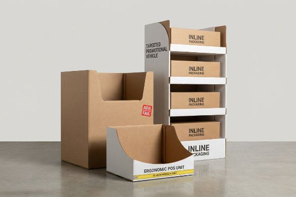 Corrugated retail displays: a tall 'Targeted Promotional Vehicle' floor unit, an 'Ada Fail' box, and an 'Ergonomic Pos Unit' counter display with '15-48 Inch Reach Zone'.