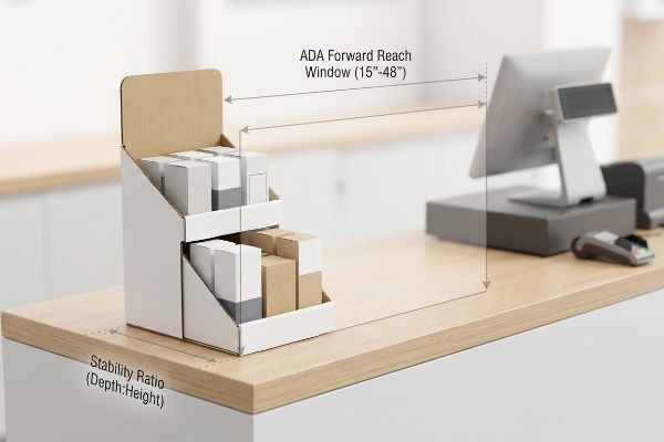Two-tier cardboard display on a checkout counter, showing ADA Forward Reach Window (15